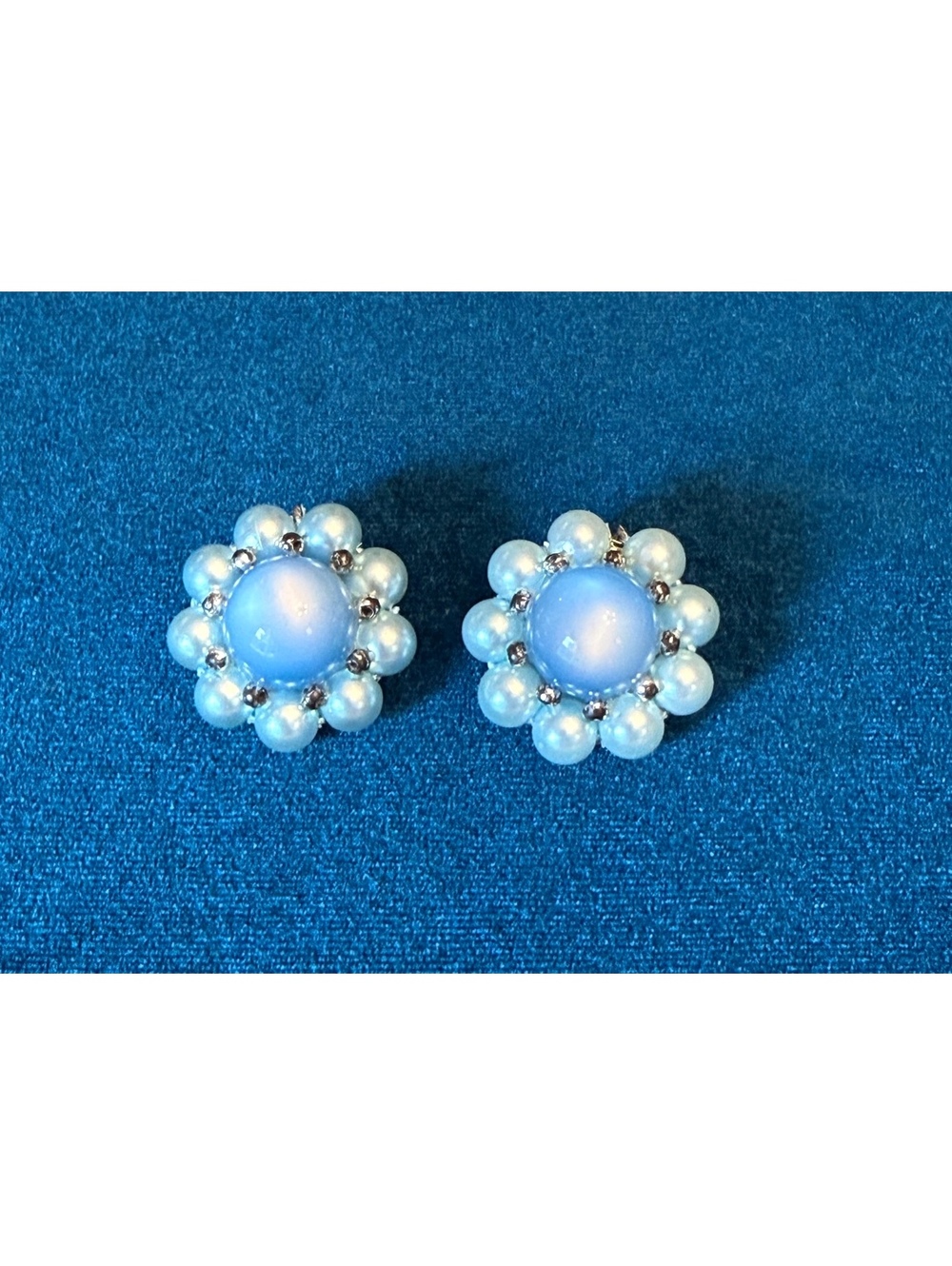 Vintage Blue Moonglow Lucite Faux Pearl Cluster Clip-On Earrings